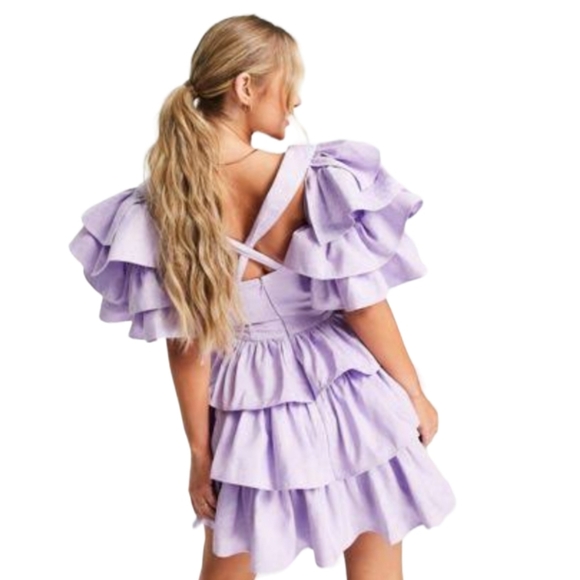 DONT BUY!ASOS LUXE dress S 8 lilac bubble hem ruffle puff sleeve tiered - Picture 2 of 8
